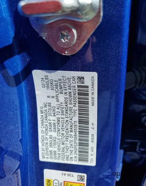 2024 Honda Civic Sport z USA, uszkodzony, nr VIN 2HGFE2F5XRH550875